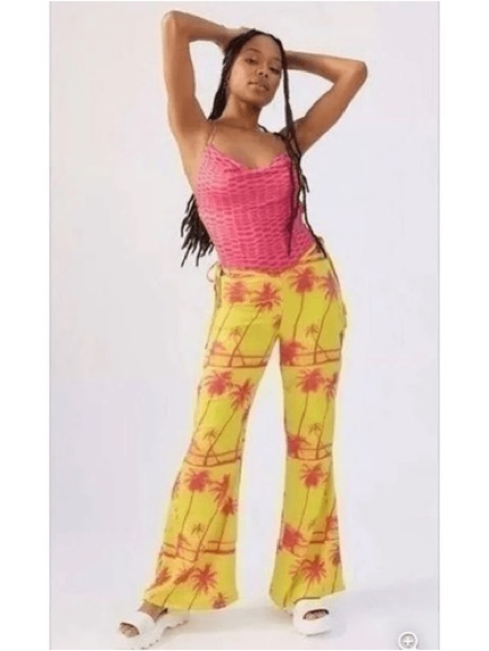 Urban Outfitters Size 6 Sunny Cut Out Flare Pants Yellow Pink Palm Tree Print
